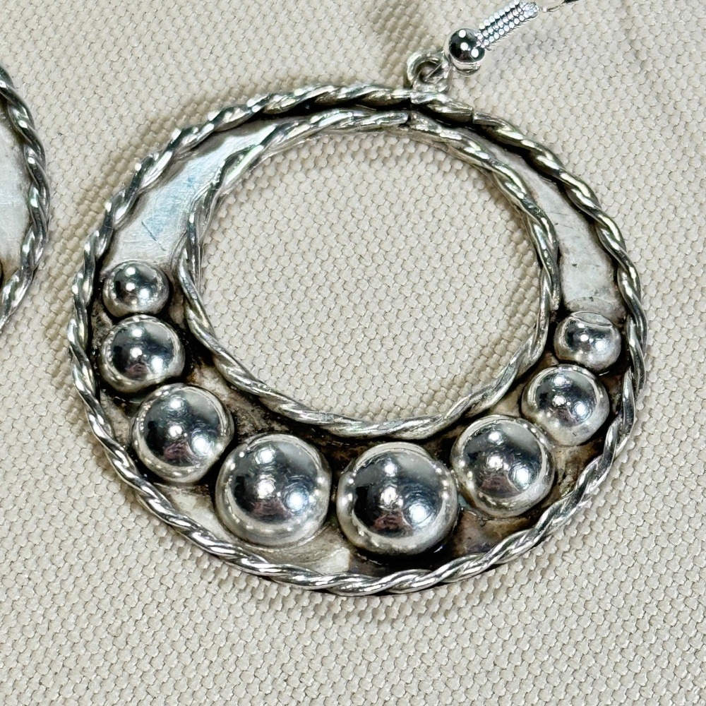 Vintage Taxco Mexico 925 Sterling Silver Beaded Hoop Drop Earrings Boho **READ** - Picture 10 of 16
